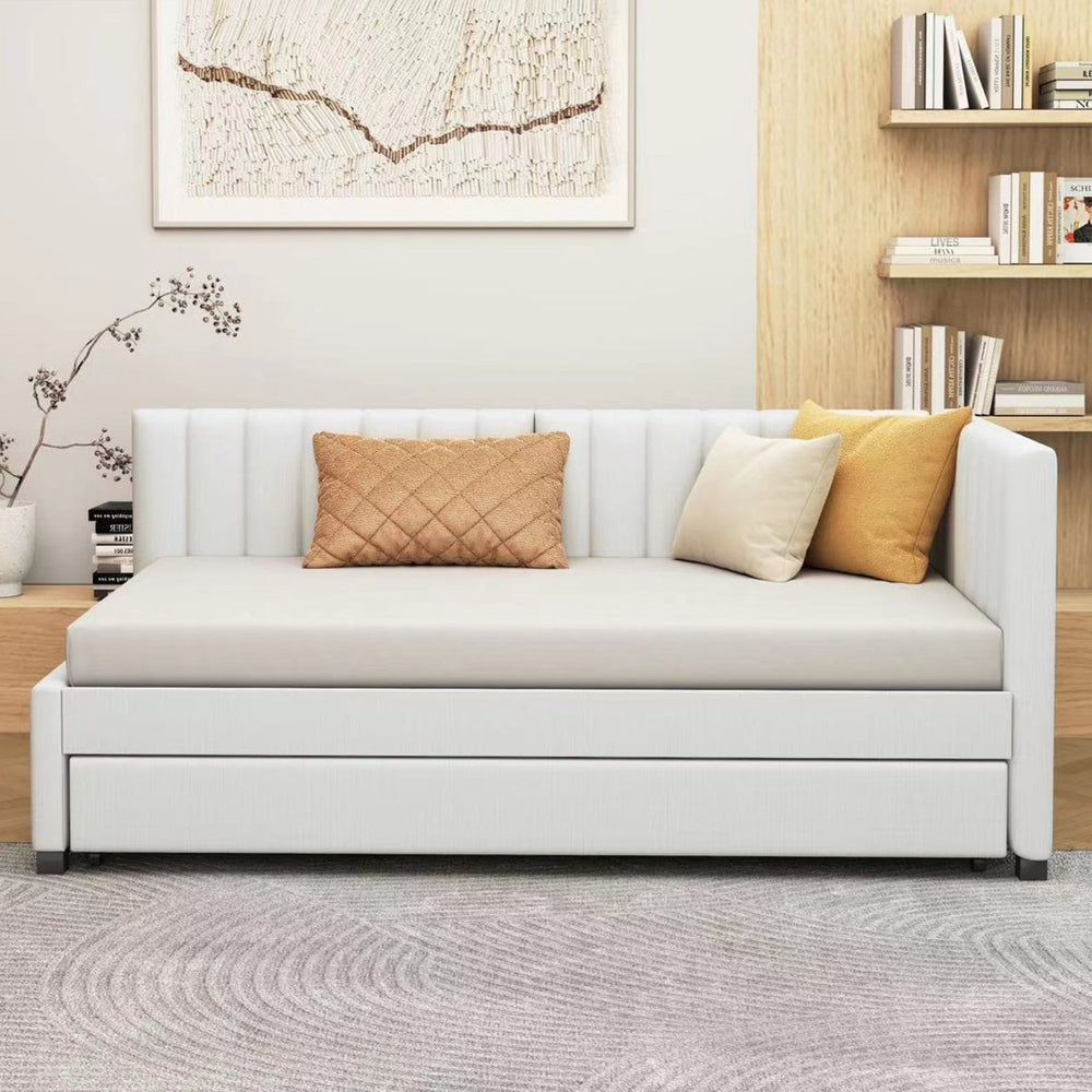 English Elm Upholstered Twin Daybed with Roll-out Trundle Linen Sofa Frame for Guest Rooms LP000171AAA
