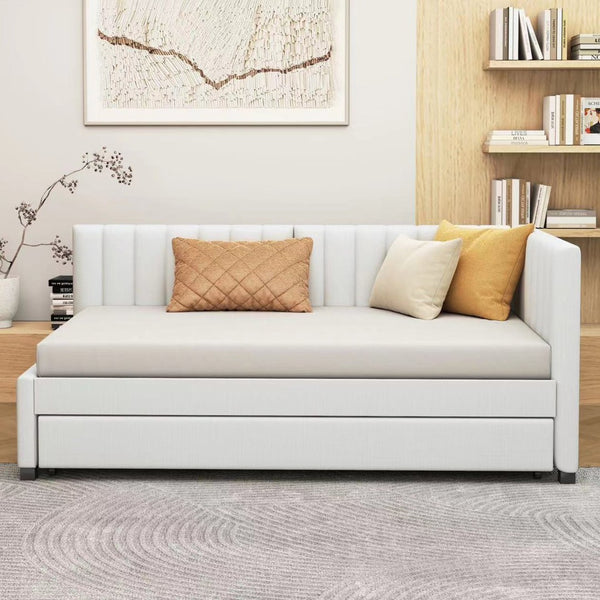 English Elm Upholstered Twin Daybed with Roll-out Trundle Linen Sofa Frame for Guest Rooms LP000171AAA
