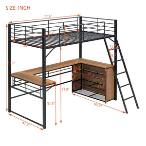 English Elm Twin Metal Loft Bed with L-Shaped Desk, 3-Tier Shelving, Sturdy Ladder & Space-Saving Design Black SF000079AAB