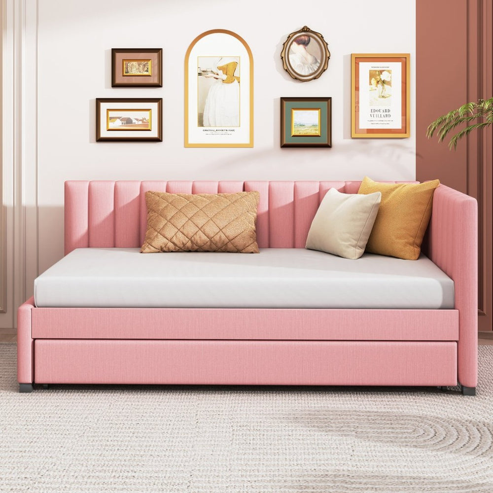 English Elm Upholstered Twin Daybed with Roll-out Trundle Linen Sofa Frame for Guest Rooms Pink LP000171AAH