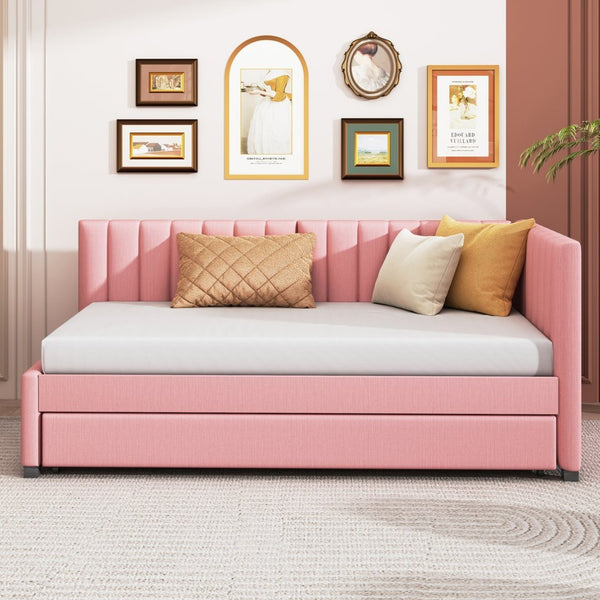 English Elm Upholstered Twin Daybed with Roll-out Trundle Linen Sofa Frame for Guest Rooms Pink LP000171AAH