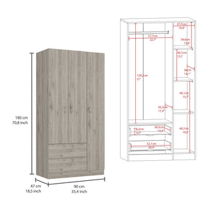 English Elm Three Door Armoire Clark Light Gray — 70.8" Tall Engineered Wood Wardrobe with Rod, Drawers & Shelves B092S00203