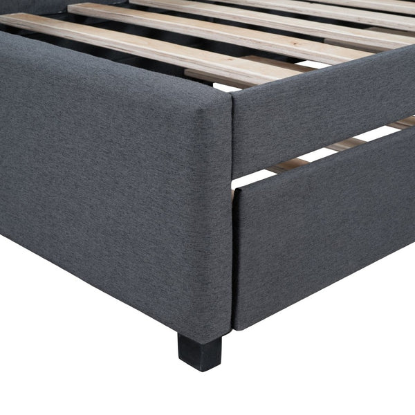 English Elm Upholstered Twin Daybed with Roll-out Trundle Linen Sofa Frame for Guest Rooms Gray LP000171AAE