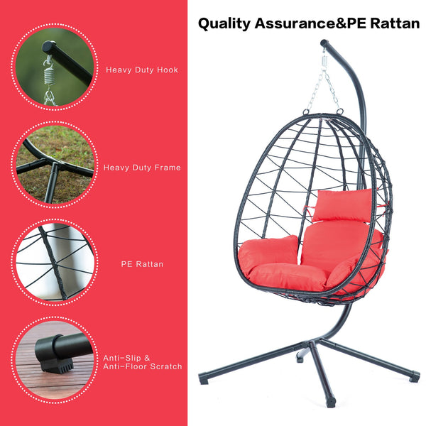 English Elm Egg Modern Rattan Hanging Swing Chair with Stand - All-Weather PE Wicker Egg Seat for Patio Comfort Red W87437580