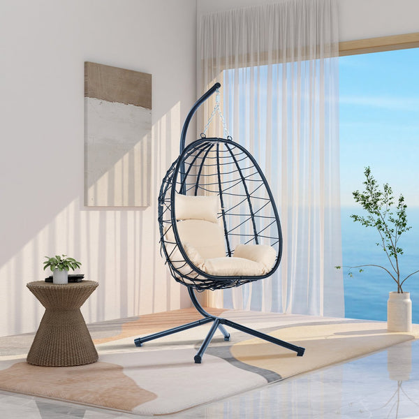 English Elm Egg Modern Rattan Swing Chair with Stand – Black PE Wicker & Beige Cushion, All-Weather Patio Egg Seat W87433841