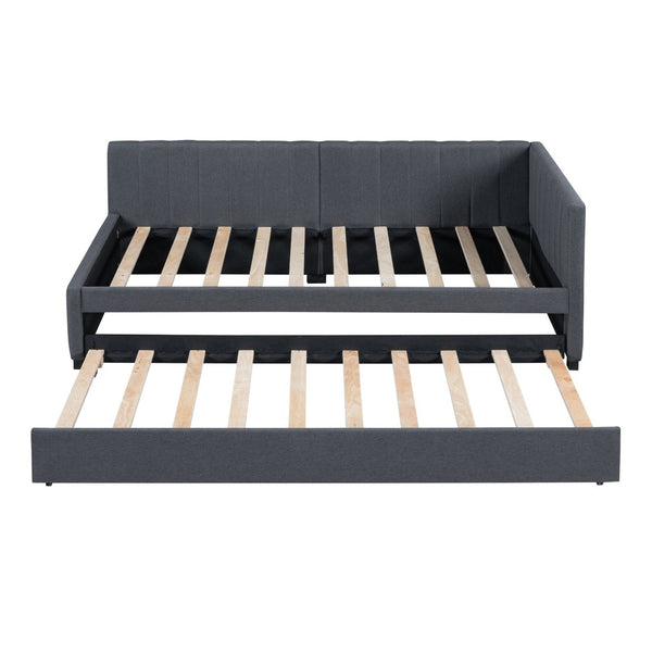 English Elm Upholstered Twin Daybed with Roll-out Trundle Linen Sofa Frame for Guest Rooms Gray LP000171AAE