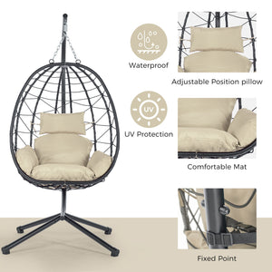 English Elm Egg Modern Rattan Swing Chair with Stand – Black PE Wicker & Beige Cushion, All-Weather Patio Egg Seat W87433841