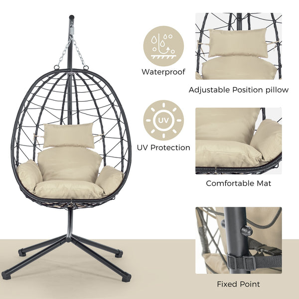 English Elm Egg Modern Rattan Swing Chair with Stand – Black PE Wicker & Beige Cushion, All-Weather Patio Egg Seat W87433841