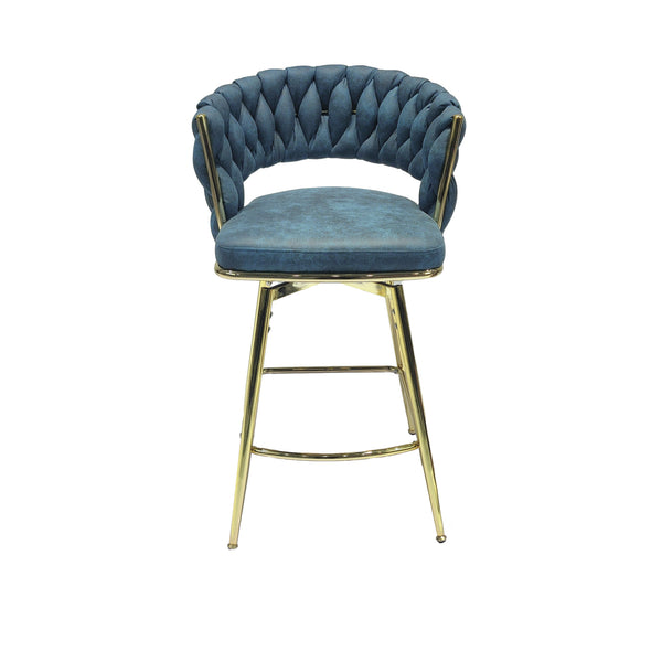 English Elm 26" Suede Woven Bar Chair Set of 2 - Blue Technical Leather 360° Swivel, Gold Legs, Counter Height Comfort W2189132047