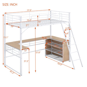 English Elm Twin Metal Loft Bed with L-Shaped Desk, 3-Tier Shelving, Sturdy Ladder & Space-Saving Design White SF000079AAK