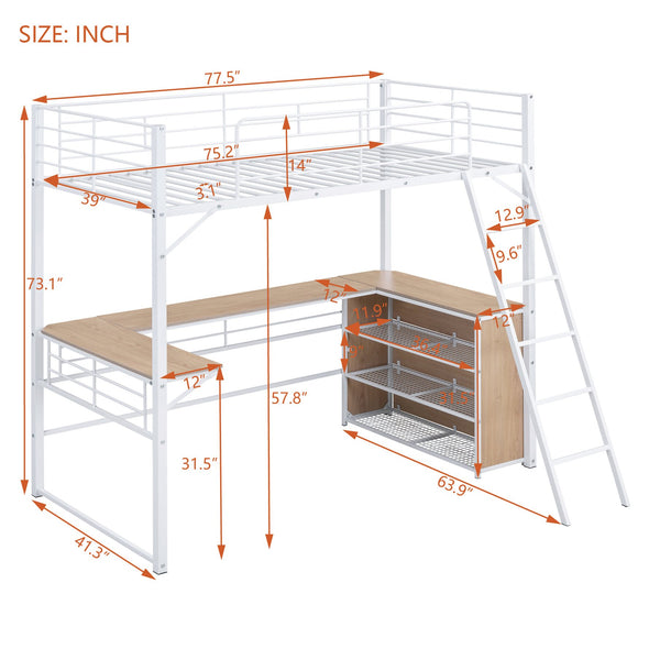 English Elm Twin Metal Loft Bed with L-Shaped Desk, 3-Tier Shelving, Sturdy Ladder & Space-Saving Design White SF000079AAK