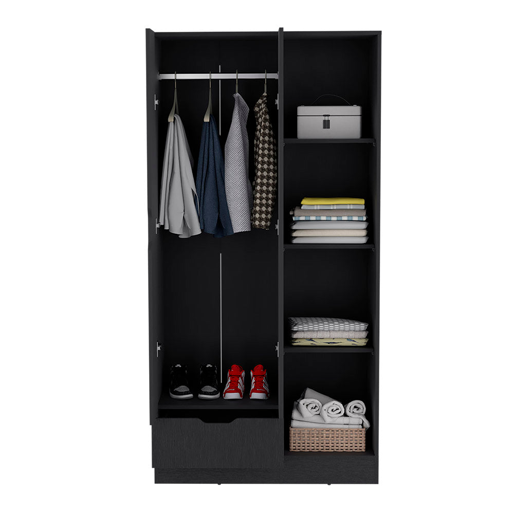 English Elm Armoire Dover Black — Spacious Engineered Wood Wardrobe with Shelves, Hanging Rod & Drawer for Bedroom B092S00213