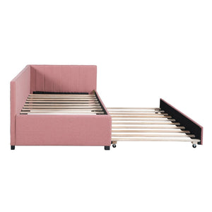 English Elm Upholstered Twin Daybed with Roll-out Trundle Linen Sofa Frame for Guest Rooms Pink LP000171AAH