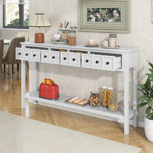 English Elm Trexm Rustic Entryway Console Table, 60" Long Sofa Table With Two Different Size Drawers and Bottom Shelf For Storage (Antique White)