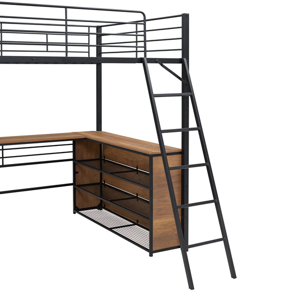 English Elm Full Metal Loft Bed with L-Shaped Desk, 3-Tier Shelving, Sturdy Ladder & Space-Saving Design for Teens and Adults Black SF000080AAB