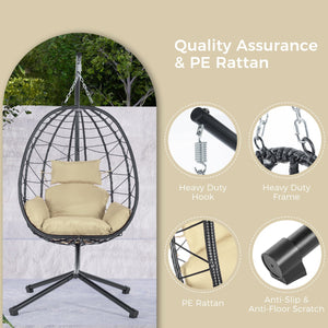 English Elm Egg Modern Rattan Swing Chair with Stand – Black PE Wicker & Beige Cushion, All-Weather Patio Egg Seat W87433841