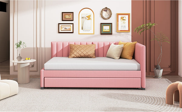 English Elm Upholstered Twin Daybed with Roll-out Trundle Linen Sofa Frame for Guest Rooms Pink LP000171AAH