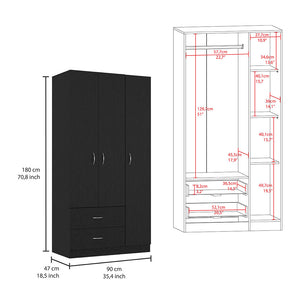 English Elm Three Door Armoire Clark Black – Tall Engineered Wood Wardrobe with Clothing Rod, 4 Shelves & 2 Drawers, 70.8"H B092S00201