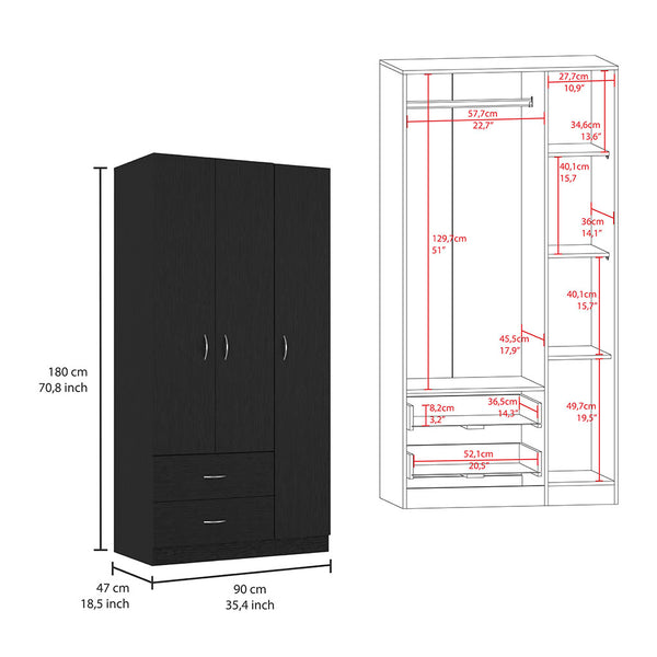 English Elm Three Door Armoire Clark Black – Tall Engineered Wood Wardrobe with Clothing Rod, 4 Shelves & 2 Drawers, 70.8"H B092S00201
