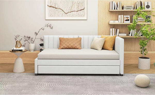English Elm Upholstered Twin Daybed with Roll-out Trundle Linen Sofa Frame for Guest Rooms LP000171AAA
