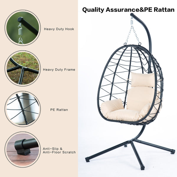 English Elm Egg Modern Rattan Swing Chair with Stand – Black PE Wicker & Beige Cushion, All-Weather Patio Egg Seat W87433841