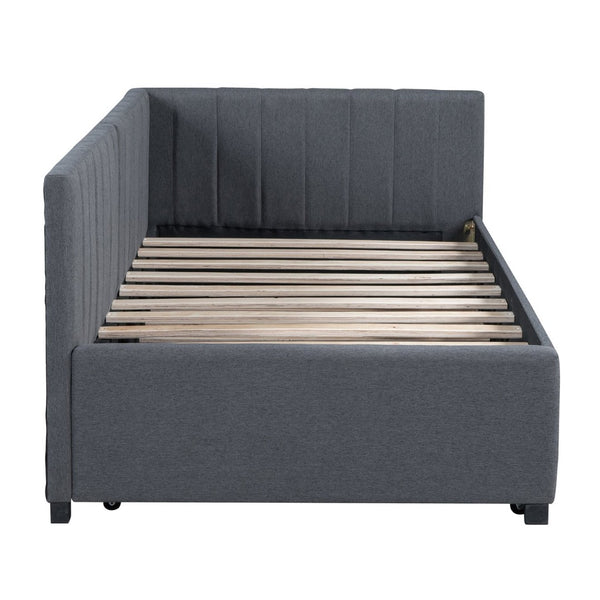 English Elm Upholstered Twin Daybed with Roll-out Trundle Linen Sofa Frame for Guest Rooms Gray LP000171AAE