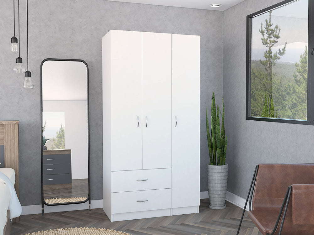 English Elm Three Door Armoire Clark White - 70.8"H Engineered Wood Wardrobe with Rod, 4 Shelves & 2 Drawers Durable Stylish B092S00202