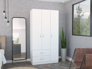 English Elm Three Door Armoire Clark White - 70.8"H Engineered Wood Wardrobe with Rod, 4 Shelves & 2 Drawers Durable Stylish B092S00202