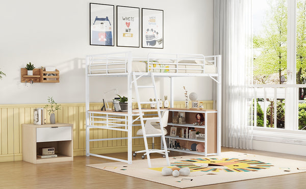 English Elm Full Metal Loft Bed with L-Shaped Desk, 3-Tier Shelving, Sturdy Ladder & Space-Saving Design for Teens and Adults White SF000080AAK