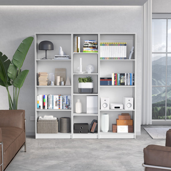 English Elm Trues 3 Piece Living Room Set with 3 Bookcases in White — Modern Engineered Wood Storage Trio, Versatile Display B092S00229