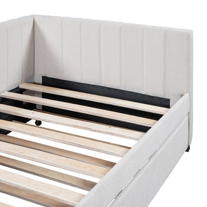 English Elm Upholstered Twin Daybed with Roll-out Trundle Linen Sofa Frame for Guest Rooms LP000171AAA