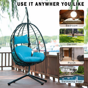 English Elm Egg Modern Rattan Hanging Swing Chair with Stand - Black PE Wicker, Light Blue Cushion, 350lb Load, Indoor Outdoor Relaxation W87437579