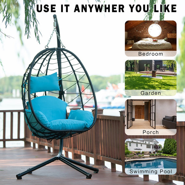 English Elm Egg Modern Rattan Hanging Swing Chair with Stand - Black PE Wicker, Light Blue Cushion, 350lb Load, Indoor Outdoor Relaxation W87437579