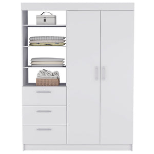 English Elm Armoire Rumanu White Bedroom Wardrobe with Two Doors, Three Drawers & Four Shelves—Durable Engineered Wood B092S00210