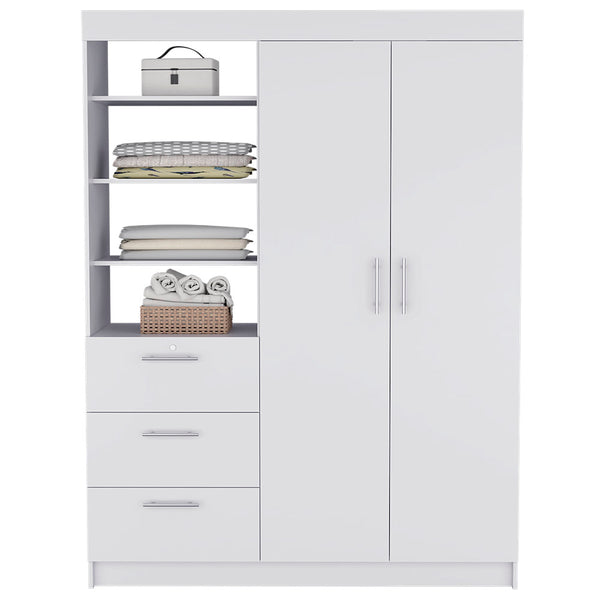 English Elm Armoire Rumanu White Bedroom Wardrobe with Two Doors, Three Drawers & Four Shelves—Durable Engineered Wood B092S00210