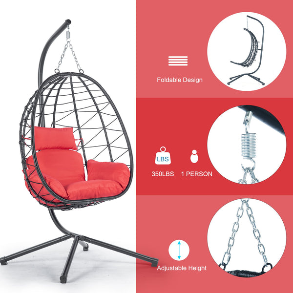 English Elm Egg Modern Rattan Hanging Swing Chair with Stand - All-Weather PE Wicker Egg Seat for Patio Comfort Red W87437580