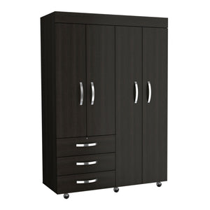 English Elm Mobile Armoire Velvet Black - 68" Engineered Wood Wardrobe with 3 Drawers, 2 Cabinets & Shelves B092S00209