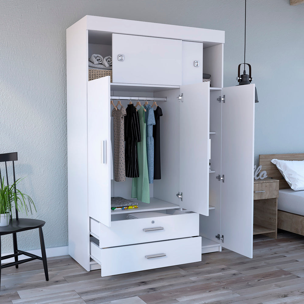 English Elm Armoire Chaplin White Engineered Wood 73" Tall - Double Door Closet, Hanging Rod, 4 Shelves, 2 Drawers B092S00200