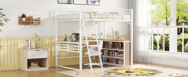 English Elm Full Metal Loft Bed with L-Shaped Desk, 3-Tier Shelving, Sturdy Ladder & Space-Saving Design for Teens and Adults White SF000080AAK