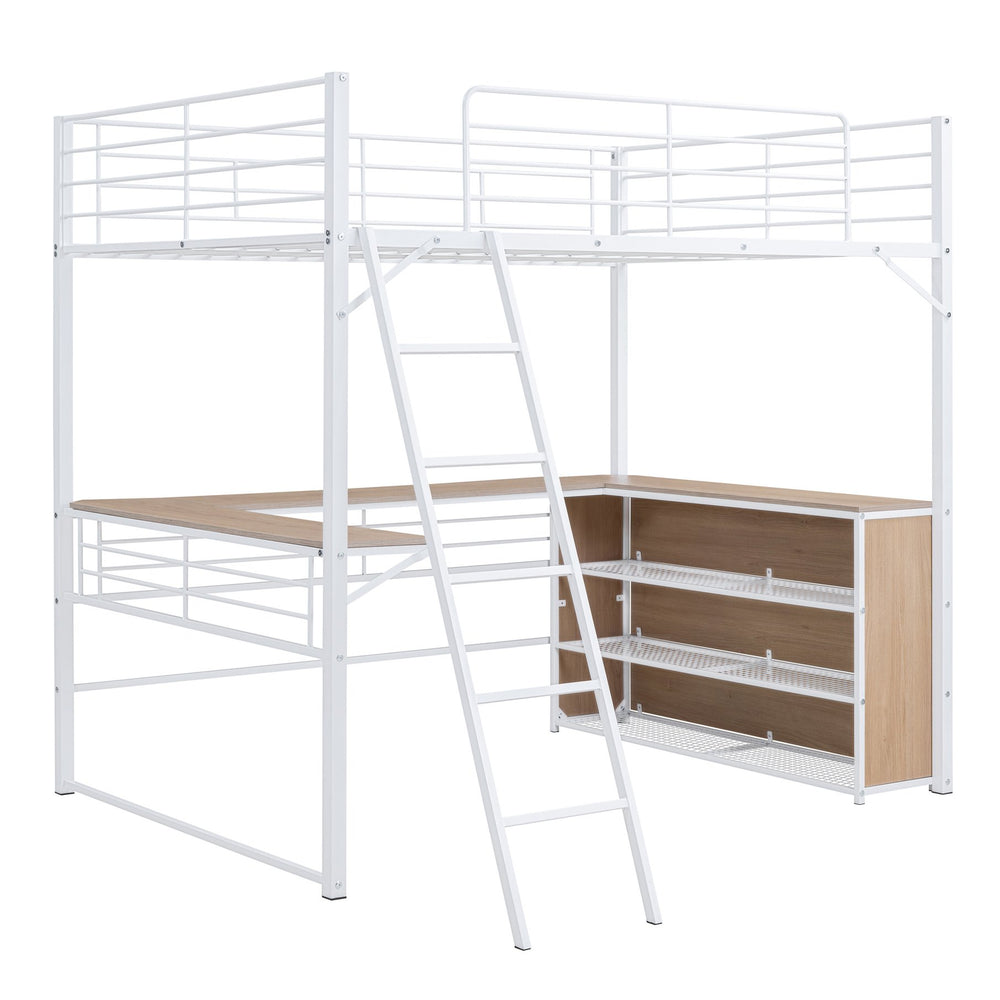 English Elm Full Metal Loft Bed with L-Shaped Desk, 3-Tier Shelving, Sturdy Ladder & Space-Saving Design for Teens and Adults White SF000080AAK