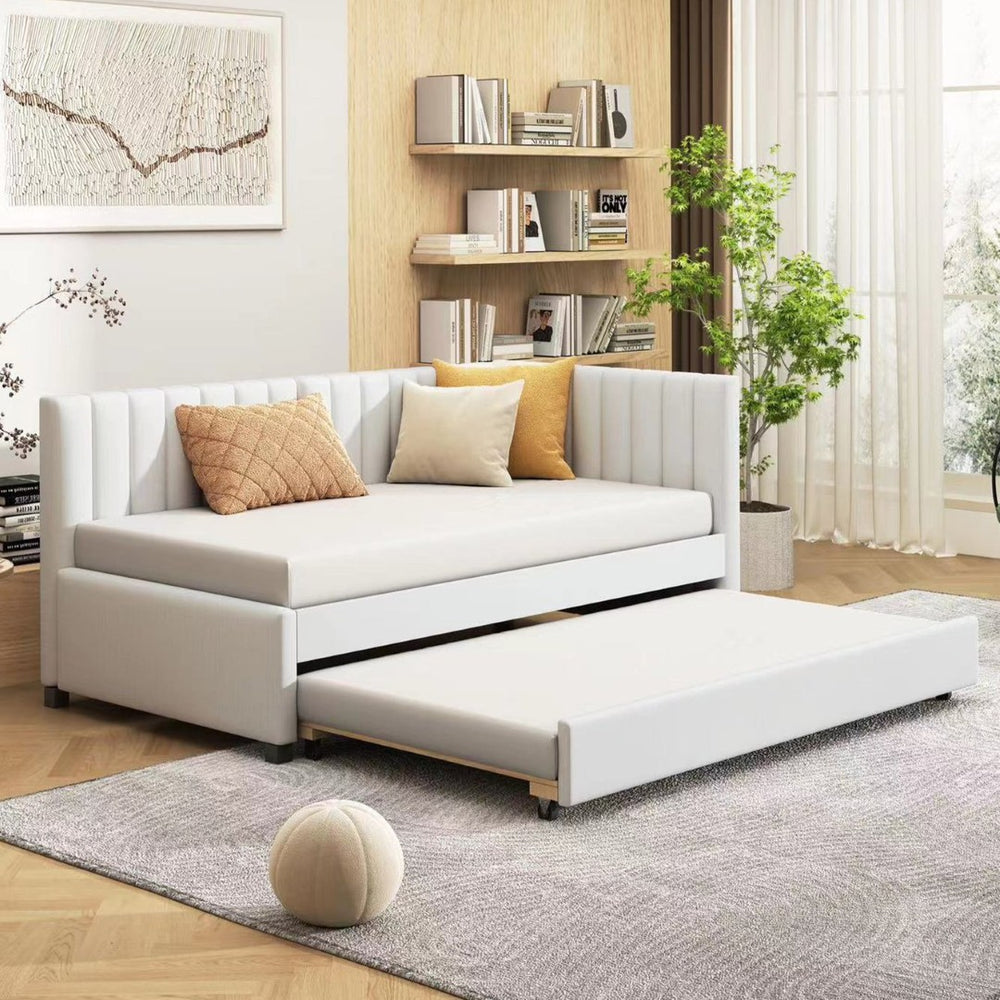 English Elm Upholstered Twin Daybed with Roll-out Trundle Linen Sofa Frame for Guest Rooms LP000171AAA