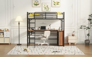 English Elm Twin Metal Loft Bed with L-Shaped Desk, 3-Tier Shelving, Sturdy Ladder & Space-Saving Design Black SF000079AAB