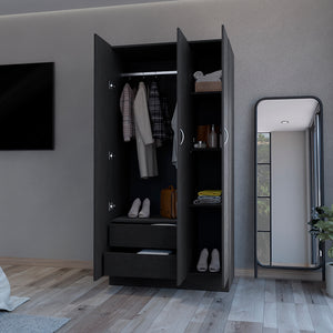 English Elm Wardrobe Erie Black with 3 Doors, 2 Drawers & Shelves — Engineered Wood, Hanging Rod, Durable Storage B092S00215