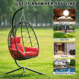English Elm Egg Modern Rattan Hanging Swing Chair with Stand - All-Weather PE Wicker Egg Seat for Patio Comfort Red W87437580