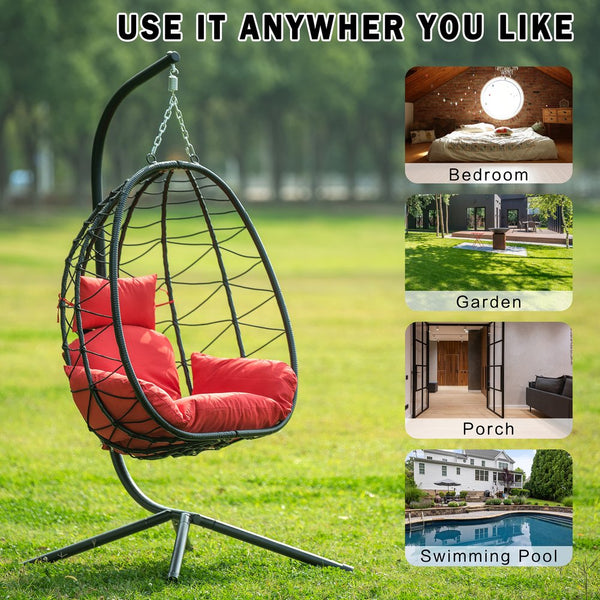 English Elm Egg Modern Rattan Hanging Swing Chair with Stand - All-Weather PE Wicker Egg Seat for Patio Comfort Red W87437580