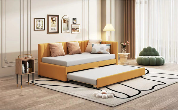 English Elm Upholstered Twin Daybed with Roll-out Trundle Linen Sofa Frame for Guest Rooms LP000171AAL