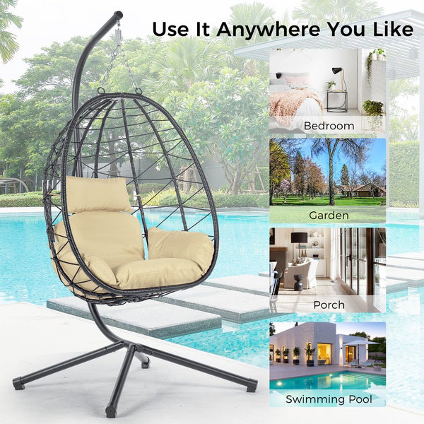 English Elm Egg Modern Rattan Swing Chair with Stand – Black PE Wicker & Beige Cushion, All-Weather Patio Egg Seat W87433841