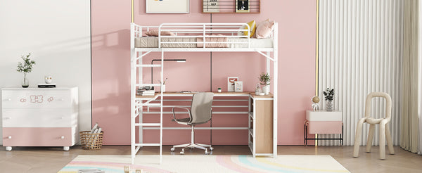 English Elm Twin Metal Loft Bed with L-Shaped Desk, 3-Tier Shelving, Sturdy Ladder & Space-Saving Design White SF000079AAK