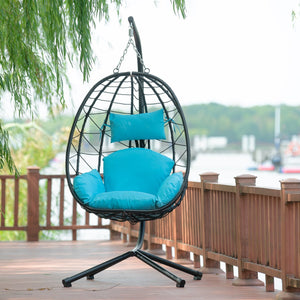 English Elm Egg Modern Rattan Hanging Swing Chair with Stand - Black PE Wicker, Light Blue Cushion, 350lb Load, Indoor Outdoor Relaxation W87437579