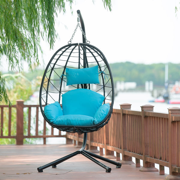 English Elm Egg Modern Rattan Hanging Swing Chair with Stand - Black PE Wicker, Light Blue Cushion, 350lb Load, Indoor Outdoor Relaxation W87437579